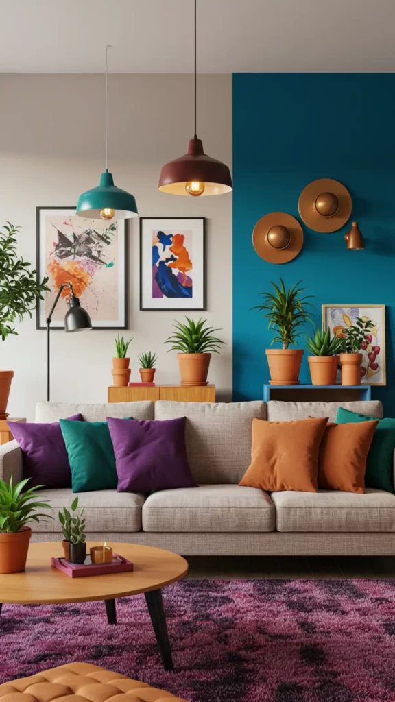 Decoração com cores vibrantes inspirada em Lady Gaga – Parede azul vibrante, sofá neutro e almofadas roxas, laranja e verdes, criando um ambiente ousado e moderno.