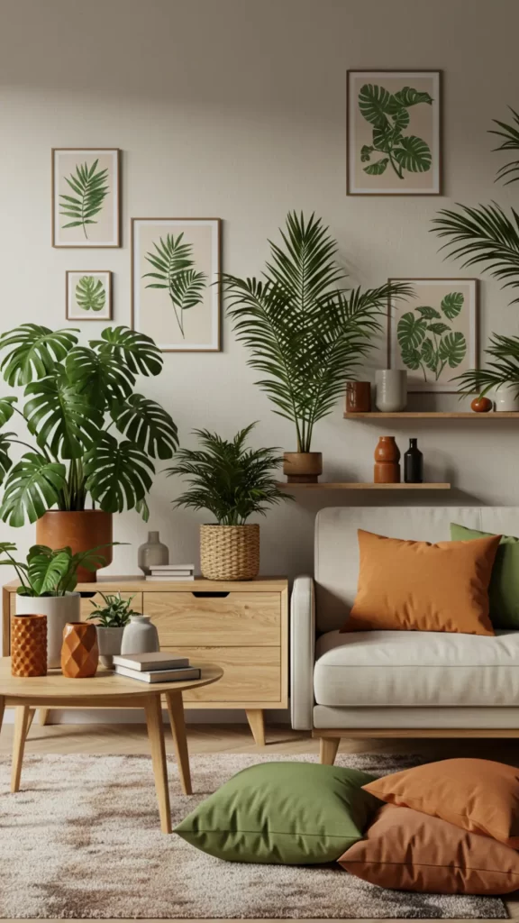 Decoração com plantas inspirada em Lady Gaga – Sala com plantas em vasos de terracota e prateleiras de madeira neutra, iluminação suave, sofá e tapete neutros com almofadas lisas e listradas, criando um ambiente moderno e equilibrado.