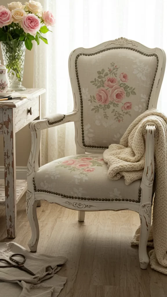 Cadeira antiga renovada no estilo shabby chic.