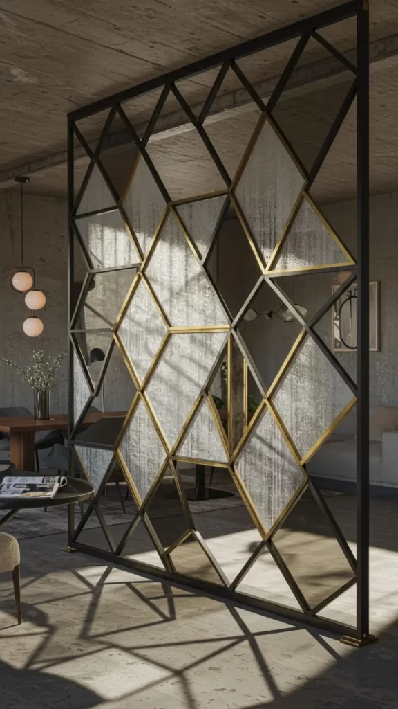 Divisória de ambientes moderna em estrutura metálica dourada com painéis de vidro fosco, separando elegantemente a sala de estar da área de jantar em um apartamento contemporâneo. A peça combina funcionalidade e design, permitindo a passagem de luz natural enquanto cria setores distintos no ambiente.