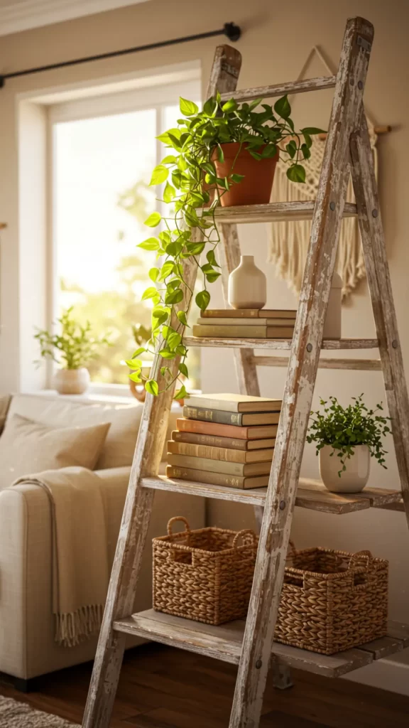 Escada convertida em prateleira decorativa com plantas, livros r cestos de palha.