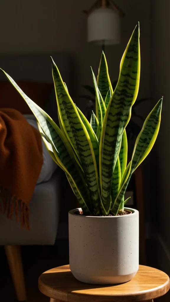 Espada-de-São-Jorge vertical em vaso de terracota, purificando o ar noturno em um quarto escuro. Suas folhas listradas de amarelo absorvem toxinas como formaldeído, enquanto requer mínima água - a planta indestrutível perfeita para cantos com pouca luz natural.