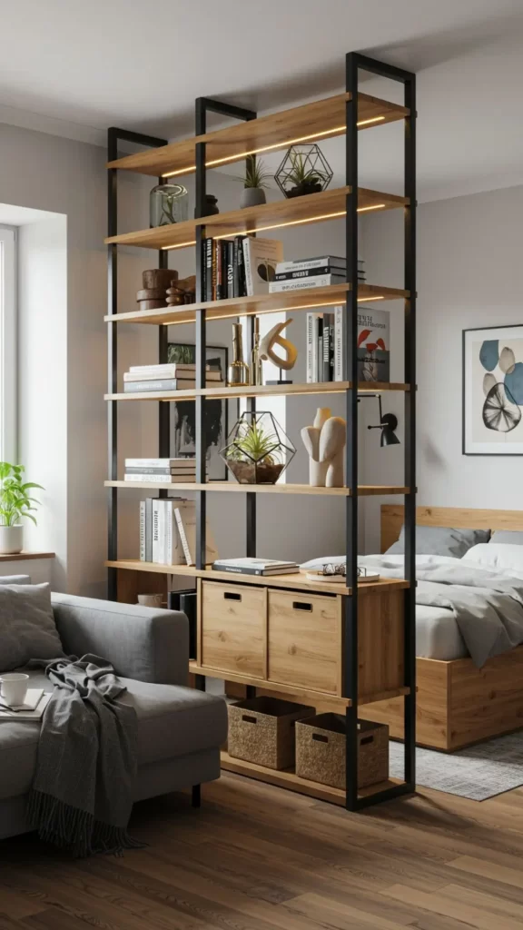 Estante divisória servindo como decoração e separando os ambientes ao mesmo tempo.
