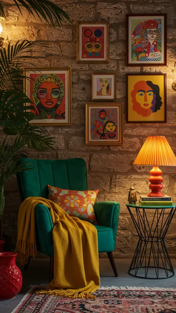 Estilo Lady Gaga em espaços pequenos – Cantinho de leitura com poltrona verde-esmeralda, manta amarela, plantas tropicais, parede de pedra e arte pop colorida. Objetos decorativos em cerâmica laranja e roxa, em decoração mediterrânea vibrante.
