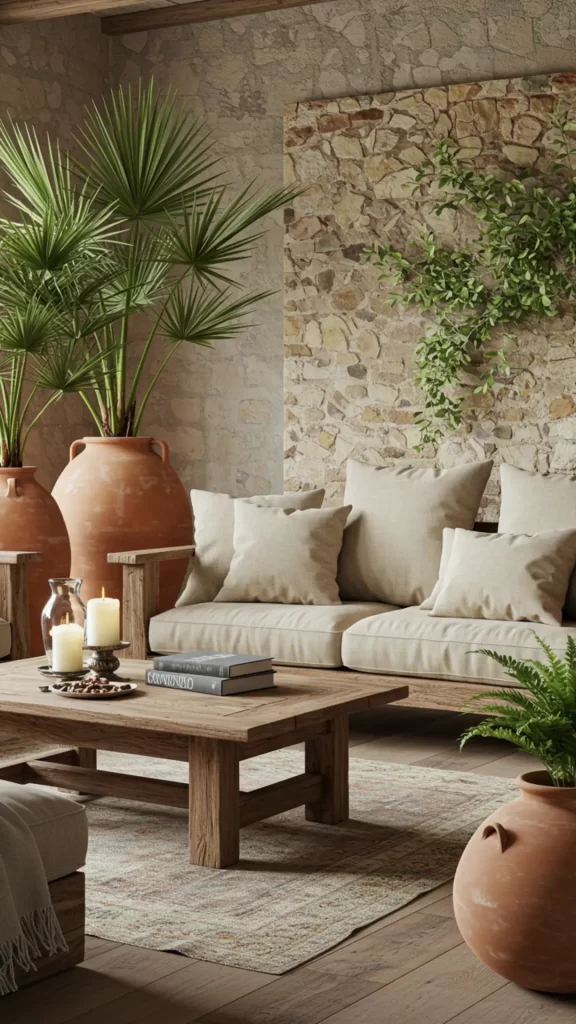 Decoração estilo mediterrâneo inspirada em Lady Gaga – Sofá e almofadas neutras, vasos de terracota, plantas tropicais, parede com textura de pedra e decoração rústica, criando um ambiente elegante e acolhedor.