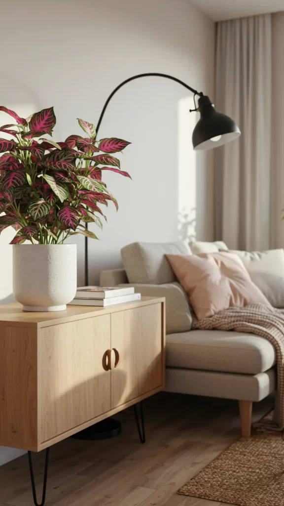 Planta pet-friendly - Aparador decorativo com vaso de Fitônia em cima, ao lado de um sofá neutro com almofadas e cobertor aconchegantes. Entre eles, uma luminária de chão elegante. Ambiente completo com tapete e cortinas claras, criando um espaço harmonioso e acolhedor.
