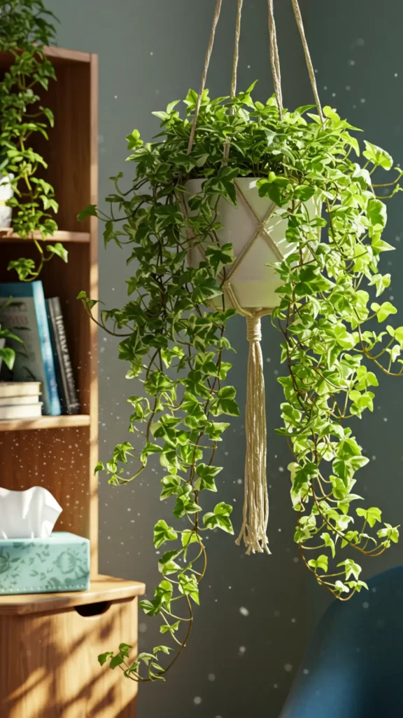 Hera Inglesa exuberante em cachepot suspenso, com folhas variegadas filtrando partículas de mofo no ar de um quarto contemporâneo. Suas vinhas densas caem elegantemente sobre uma estante de madeira clara - a solução natural contra alergias para interiores bem iluminados sem sol direto.