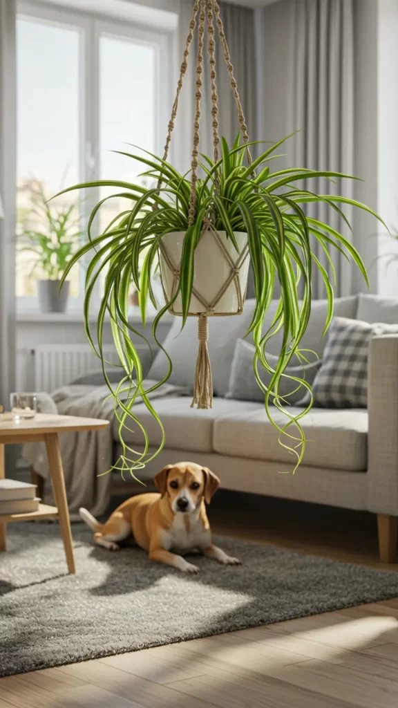 Plantas pet-friendly - Sala iluminada de um apartamento compacto, com sofá neutro, almofadas estampadas, cobertor, mesa lateral, tapete com cachorro deitado e vaso suspenso com planta Herinha, ideal para ambientes com pets.
