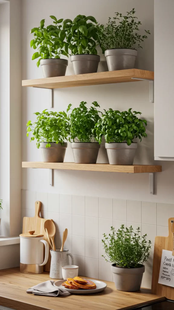 Horta vertical com prateleiras flutuantes. Cozinha aconchegante com colheres de pau, tábua de corte, vaso de ervas, jarra de louça branca com tampa de madeira, caneca, prato com lanche, guardanapo e um bilhete, tudo sobre uma bancada de tampo de madeira. Prateleiras flutuantes de madeira acima da bancada com vasos de ervas.