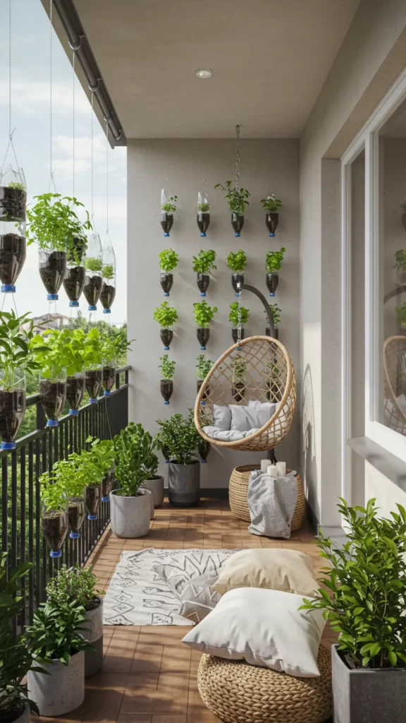 horta vertical com garrafa pet em varanda compacta de apartamento pequeno.
