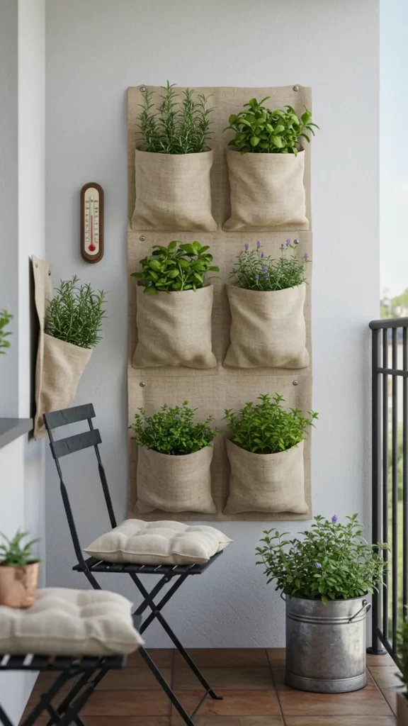 Horta vertical em bolsões de juta, em varanda compacta de apartamento pequeno. Cadeiras de madeira com almofada com cru e vaso de balde de alumínio, tipo leiteira com manjericão.