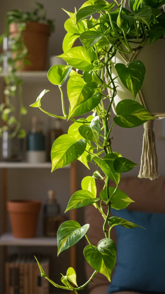 Jiboia de folhas em formato de coração com variegatas amarelo-verdes, pendurada em uma prateleira flutuante de madeira em uma sala de estar moderna. A planta trepadeira purifica o ar, filtrando poluentes como benzeno, enquanto a luz natural realça seu crescimento exuberante e fácil cuidado.