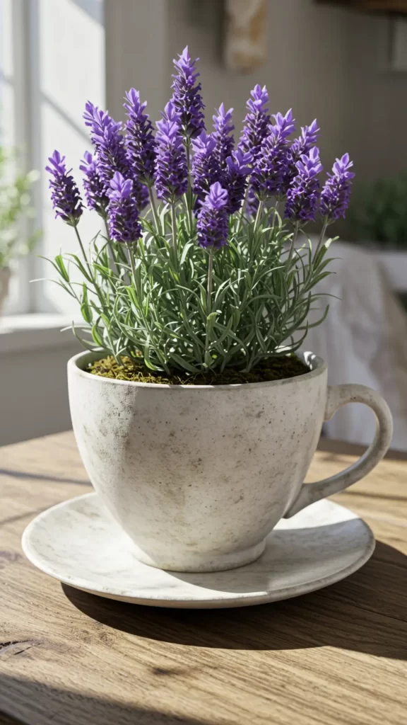 vaso rústico em em formato de xícara grande com prato embaixo, com acabamento imitando cimento, com lavanda em um fundo de uma sala de apartamento decorada.