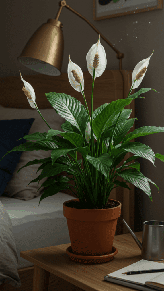 Vaso de cerâmica com a planta Lírio-da-Paz sobre criado mudo com cama e luminária de fundo