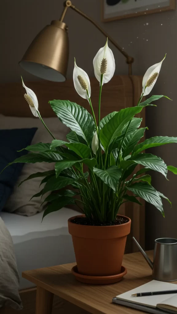 Jiboia de folhas em formato de coração com variegatas amarelo-verdes, pendurada em uma prateleira flutuante de madeira em uma sala de estar moderna. A planta trepadeira purifica o ar, filtrando poluentes como benzeno, enquanto a luz natural realça seu crescimento exuberante e fácil cuidado.