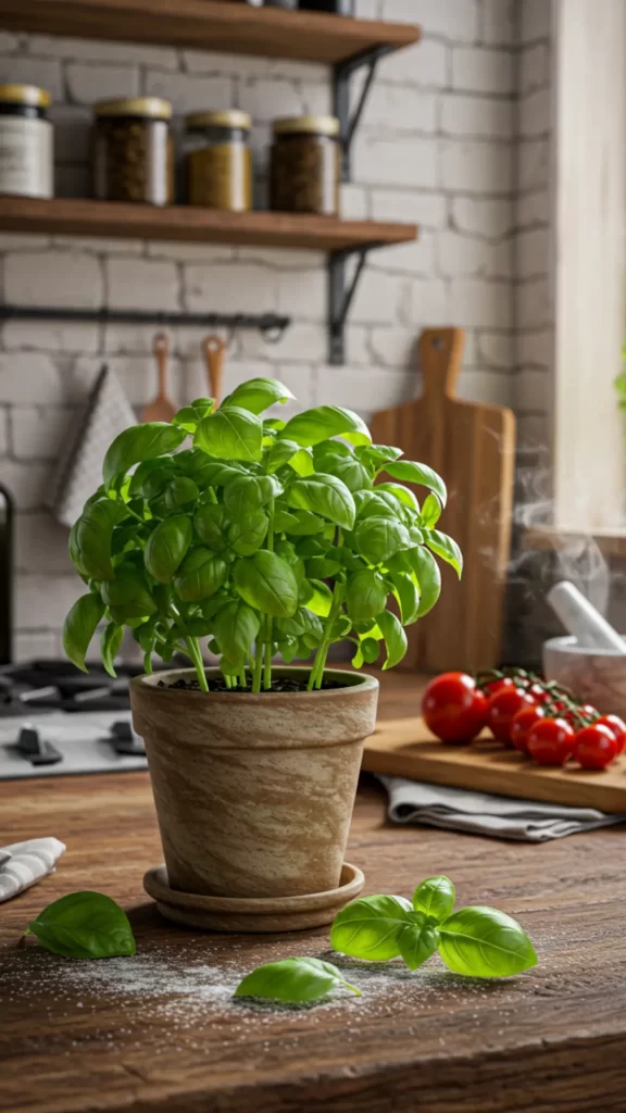 Manjericão, planta pet-friendly – Vaso com manjericão fresco sobre bancada de madeira em cozinha compacta estilo rústico, com tomates em rama, pilão de pedra-sabão e prateleiras com suporte de ferro.