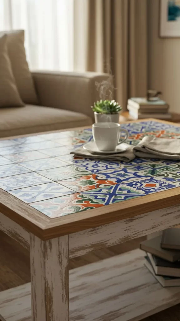 Mesa antiga com tampo de azulejo como mesa de centro