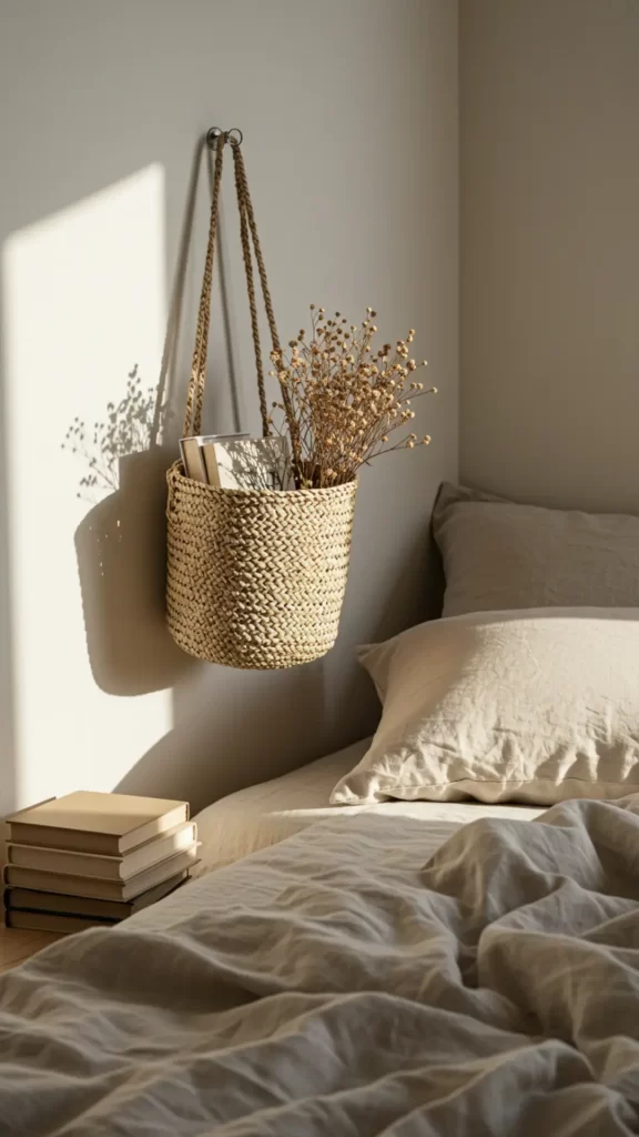 Bolsa de palha, usada como mesa de cabeceira pendurada à parede, armazenando livros e enfeitada por ramo de flores secas, dando charme ao quarto.