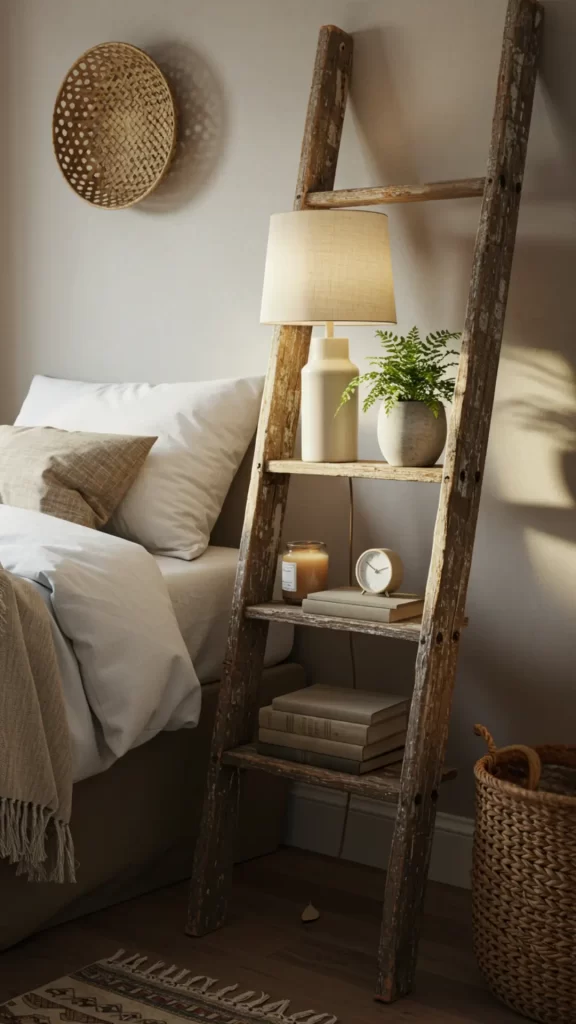 Mesa de cabeceira feita de escada rústica dando um toque de decoração rústica chic para o quarto