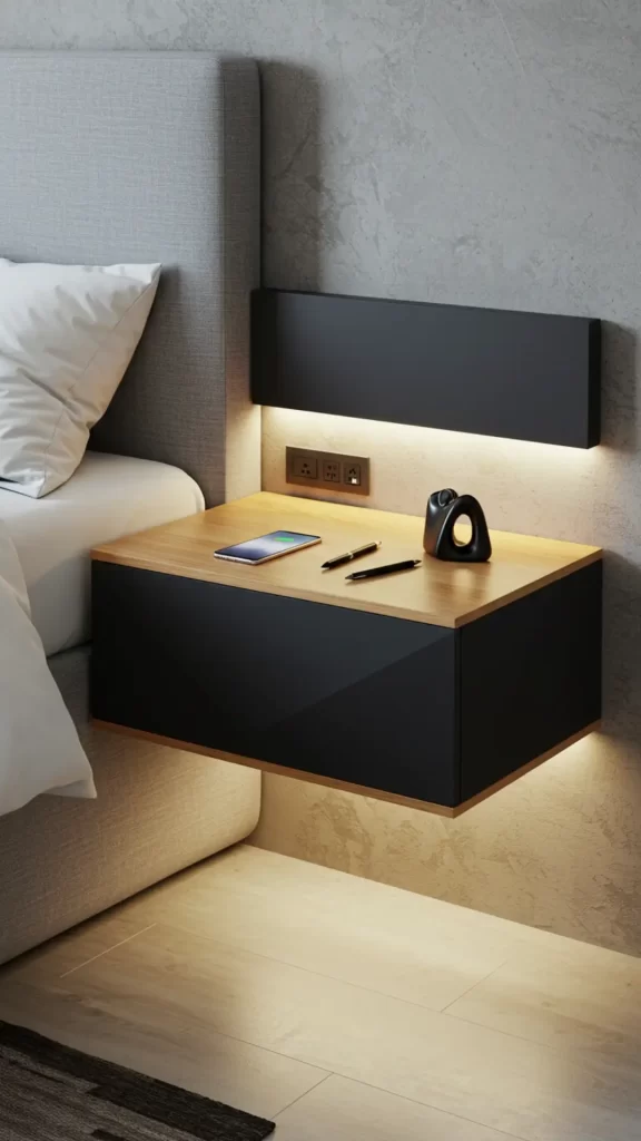 Mesa de cabeceira flutuante com iluminação de led dando um toque moderno ao quarto que acompanha com o tom da decoração.