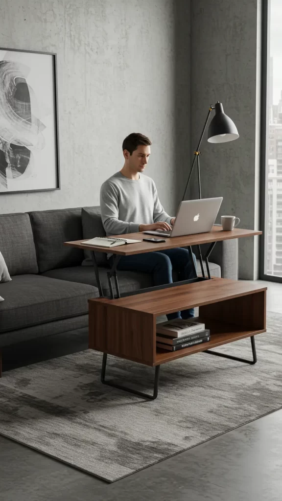 mesa de centro com tampo ajustável que serve como escrivaninha