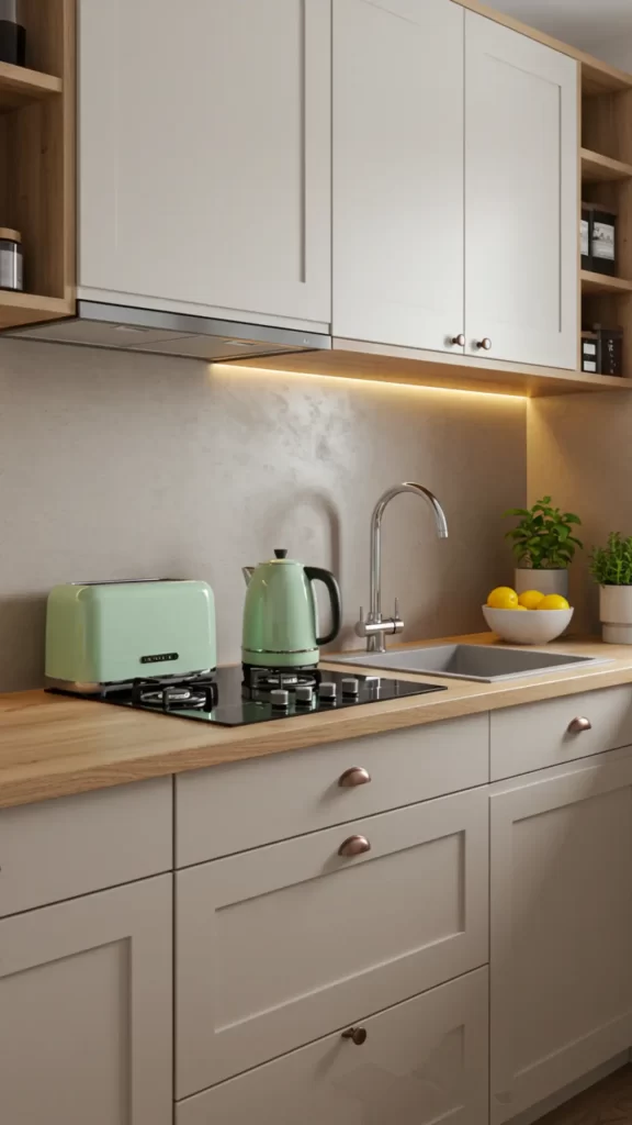 Azulejos na cozinha – Tendência em microcimento: Backsplash de cozinha com acabamento contínuo e sem rejuntes, criando um visual minimalista e moderno.