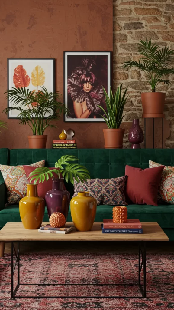 Decoração inspirada em Lady Gaga – Sala de estar com sofá verde-esmeralda, almofadas coloridas, vasos de cerâmica terracota e mostarda, plantas tropicais como monstera e palmeira, e parede de pedra ao fundo. Estilo mediterrâneo com cores vibrantes e toques artísticos, criando um ambiente ousado e sofisticado.