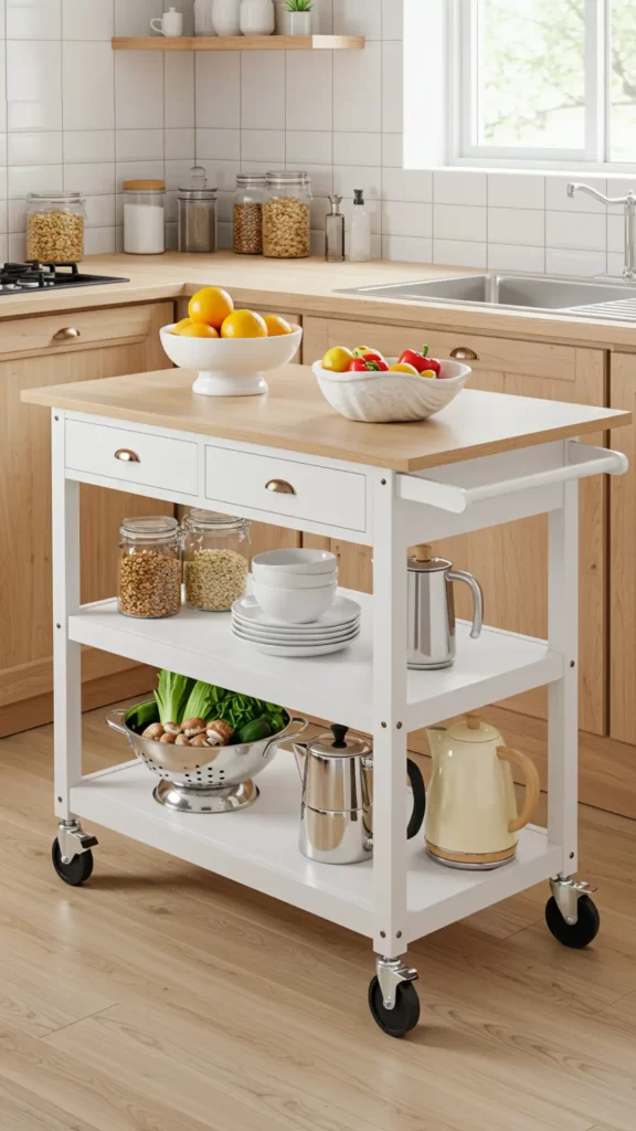 Módulo móvel, tipo carrinho de cozinha com rodízios para um espaço a mais de preparo que pode ser disposto em qualquer área da cozinha, conforme necessidade.