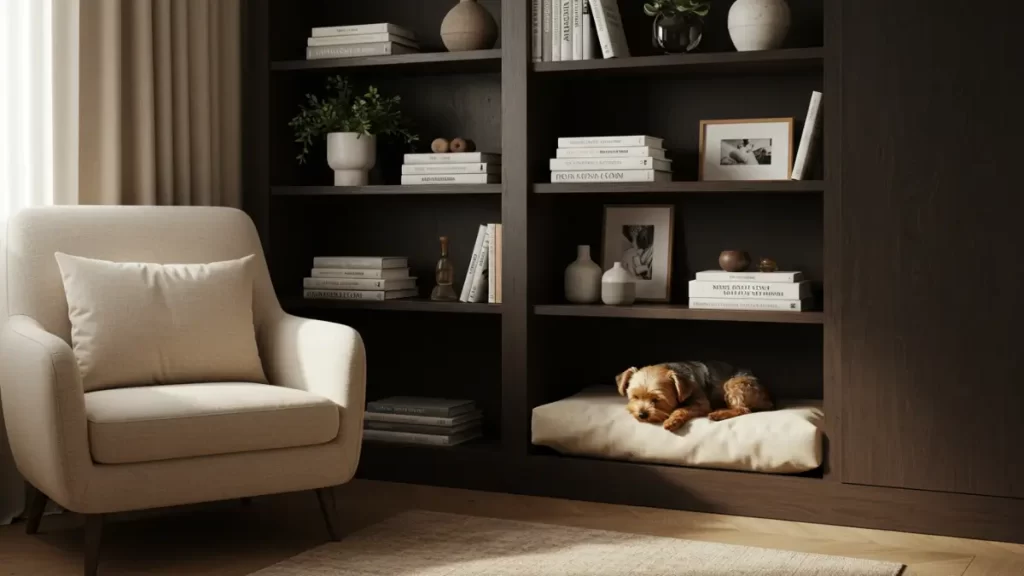 móveis multiuso para pets - estante com cama de pet embutida.