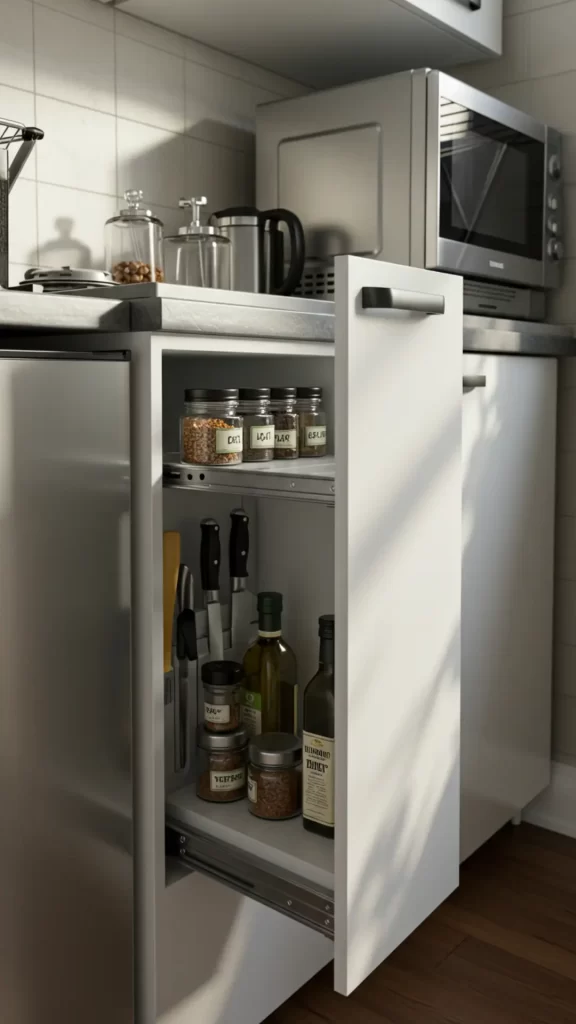 Compartimento retrátil no armário da cozinha para armazenamento de temperos e utensílios