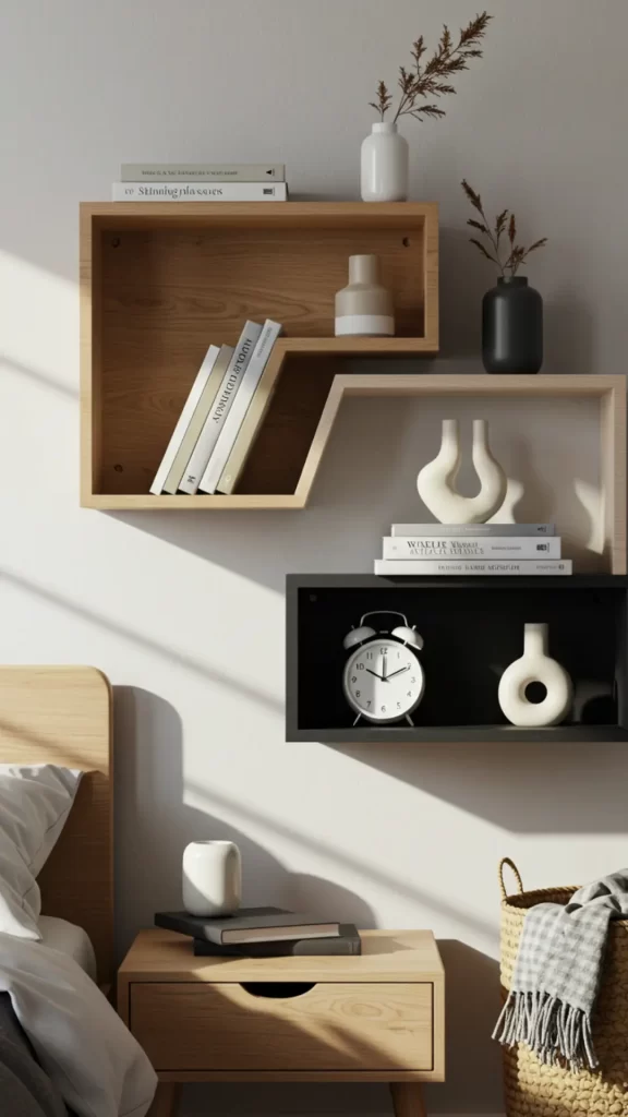 Solução criativa para quartos pequenos: nichos aéreos em tons de madeira natural (claro, médio e escuro) formando uma composição geométrica moderna. Organização prática com livros dispostos vertical e horizontalmente, intercalados por objetos decorativos minimalistas. Integrado à parede acima da cabeceira da cama, aproveita o espaço vertical sem comprometer a circulação no ambiente compacto.