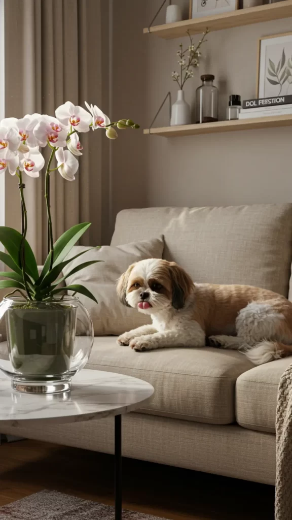 Orquídea Phalaenopsis, planta pet-friendly – Sala compacta e iluminada com sofá neutro, Shih-tzu deitado, mesa de centro com a planta e estante flutuante acima do sofá.
