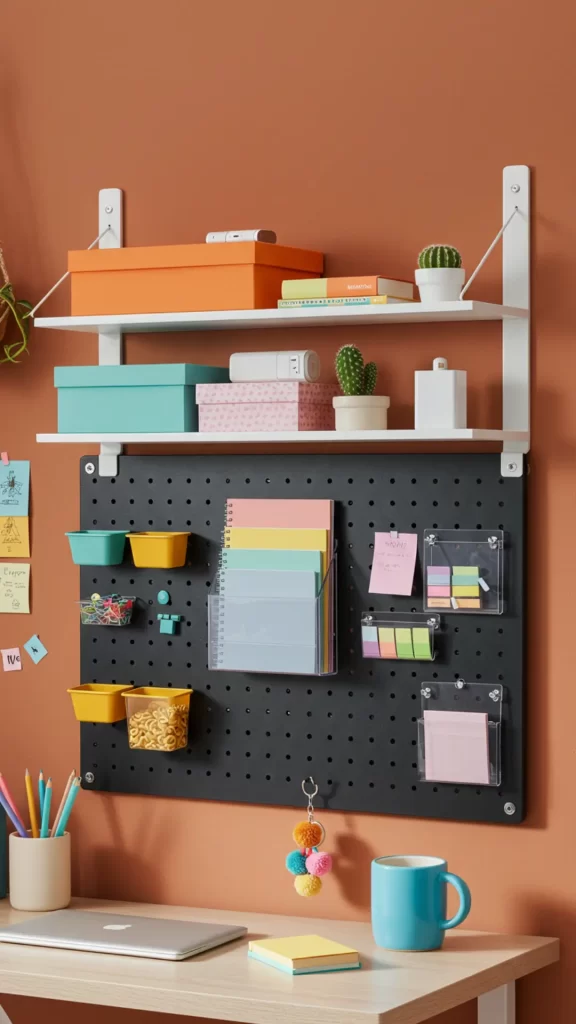 Painel organizador de parede para home office com prateleiras flutuantes