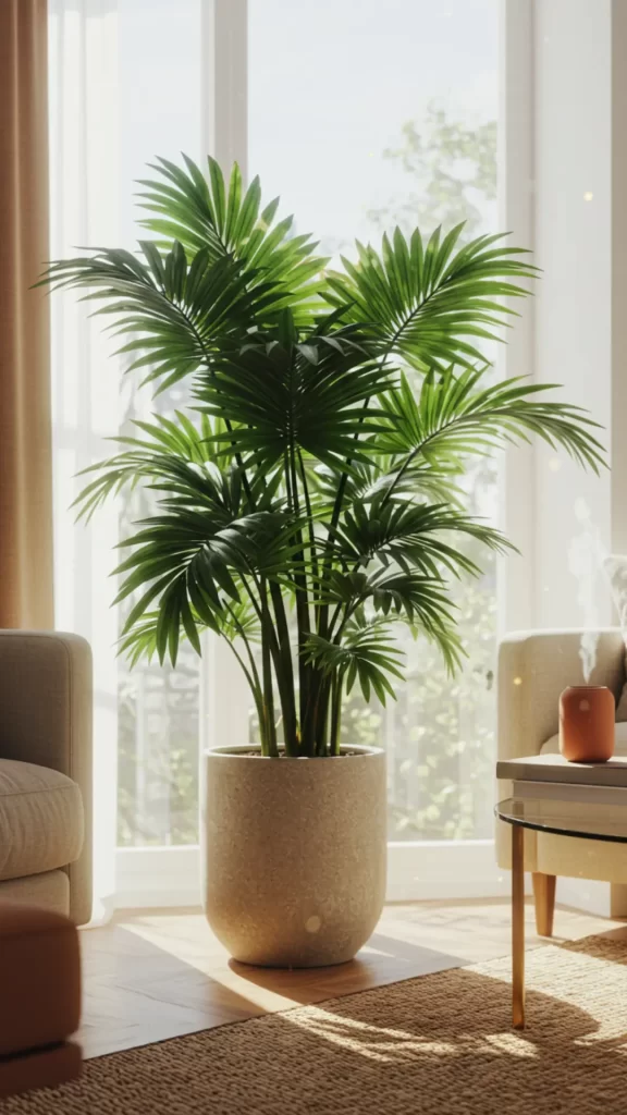 Palmeira-Ráfis elegante em vaso de fibra natural, decorando um canto bem iluminado de sala de estar contemporânea. Suas folhas em leque filtram ativamente amônia e xileno do ar, enquanto sua estatura compacta a torna perfeita para apartamentos urbanos com luz indireta.