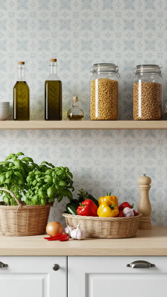 Azulejos na cozinha – Tendência em papel de parede: Backsplash criativo com papel de parede lavável, com desenho geométrico delicado em azul claro sobre fundo branco, proporcionando um design moderno e personalizado, ideal para quem busca originalidade.