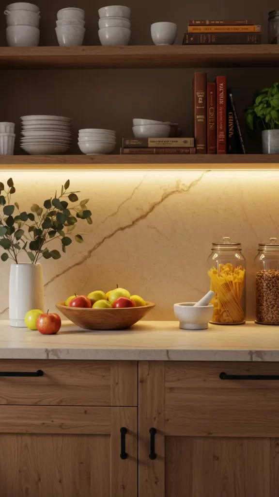 Azulejos na cozinha – Tendência em pedras naturais: Backsplash de cozinha com pedra natural, oferecendo textura e elegância atemporal para um ambiente luxuoso.