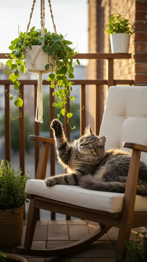 Peperômia pendente, planta pet-friendly – Varanda compacta com cadeira de madeira, almofada creme e gato rajado brincando com o vaso suspenso; ao fundo, guarda-corpo de madeira e parede de tijolos aparentes.