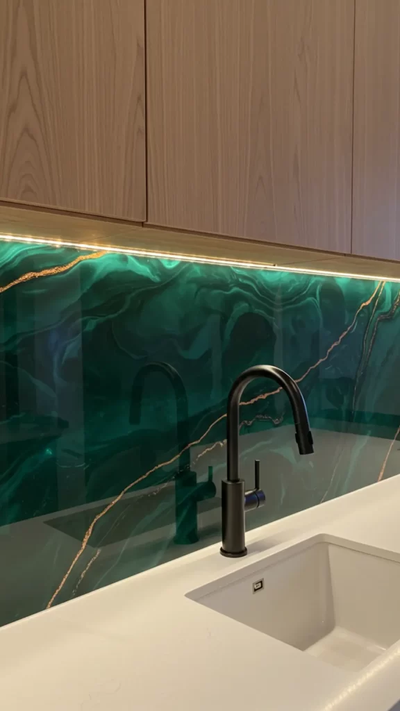 Azulejos na cozinha – Tendência em porcelanato líquido: Backsplash de cozinha moderna com acabamento azul esverdeado brilhante, veios dourados e iluminação de LED embutida, realçando o visual sofisticado.