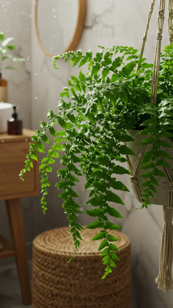 Samambaia exuberante em vaso suspenso de macramé, purificando o ar em um banheiro bem iluminado. Suas folhas verdes e frescas caem elegantemente, com gotas de água visíveis – ideal para umidades naturais.