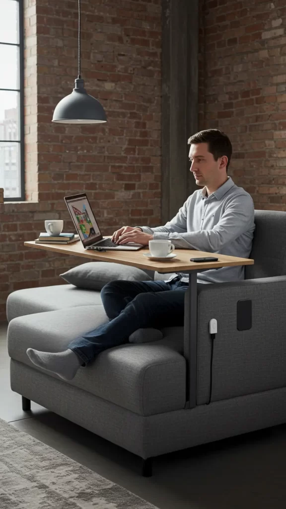 Sofá-home office - sofá com mesa acoplada para notebook.