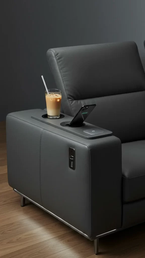 Sofá elegante, em couro na cor chumbo, com carregador USB e Porta Copos