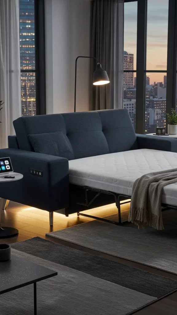sofá-cama automático, com iluminação led em apartamento moderno