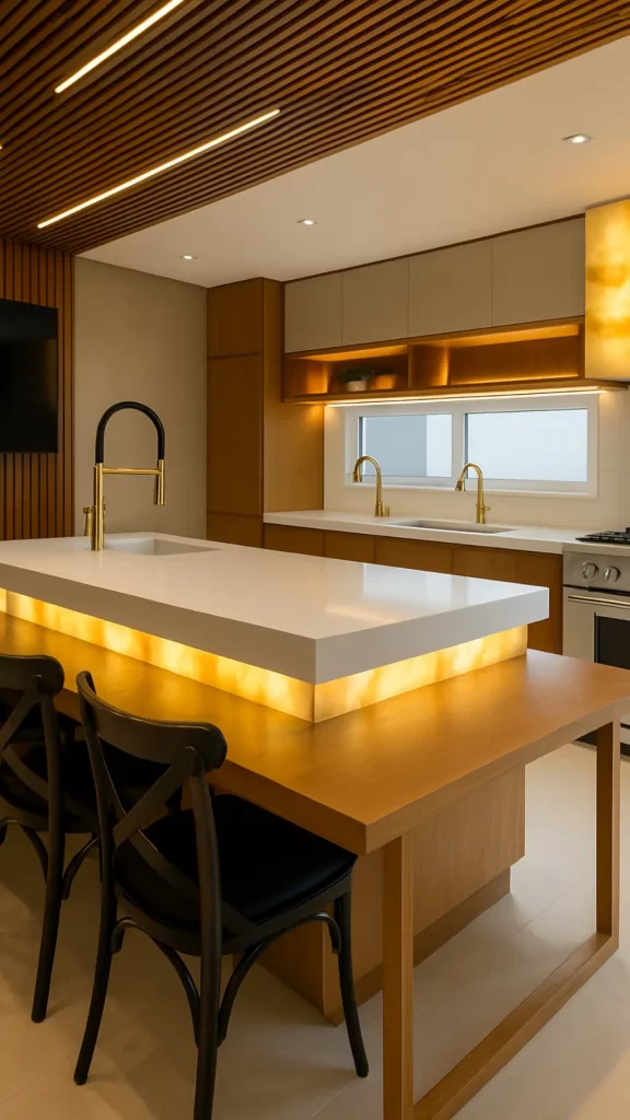 Bancada com iluminação automatizada e tampo de quartzo com mesa integrada para ambiente multifuncional