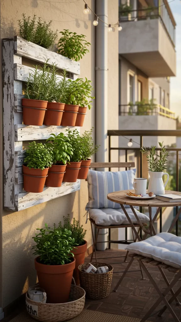 Horta vertical em pallets, envelhecida com pintura em pátina branca com vasos terracota com ervas, em charmosa varanda compacta, com mesinha e duas cadeiras de madeira com almofadas azuis clarinhas e listradas de azul clarinho e branco.