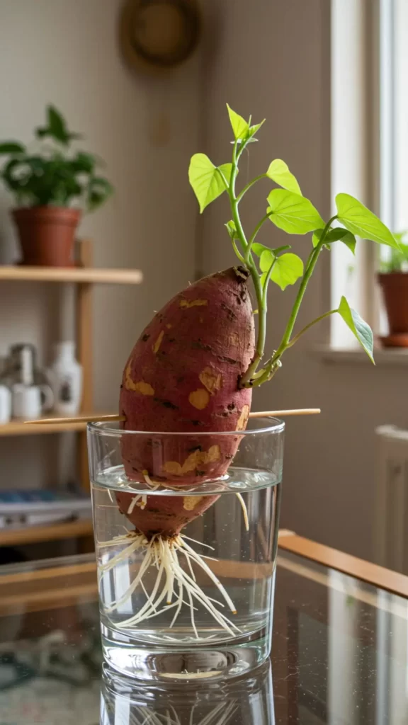 Batata-Doce no vaso de vidro, com raízes e brotos.