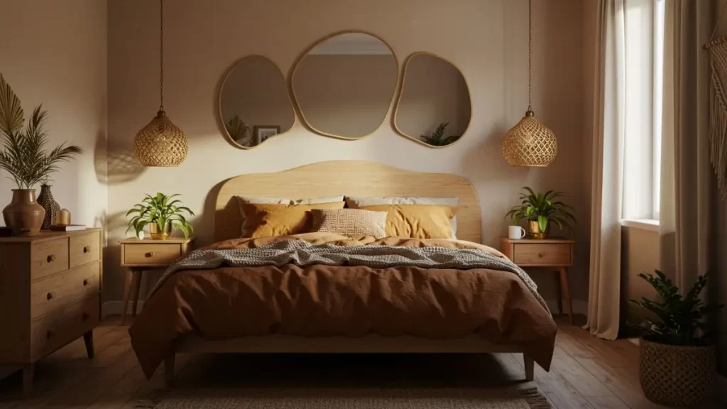 Espelhos orgânicos em parede de quarto boho chic, com luminárias pendentes e vaso de planta em cachepô de rattan.