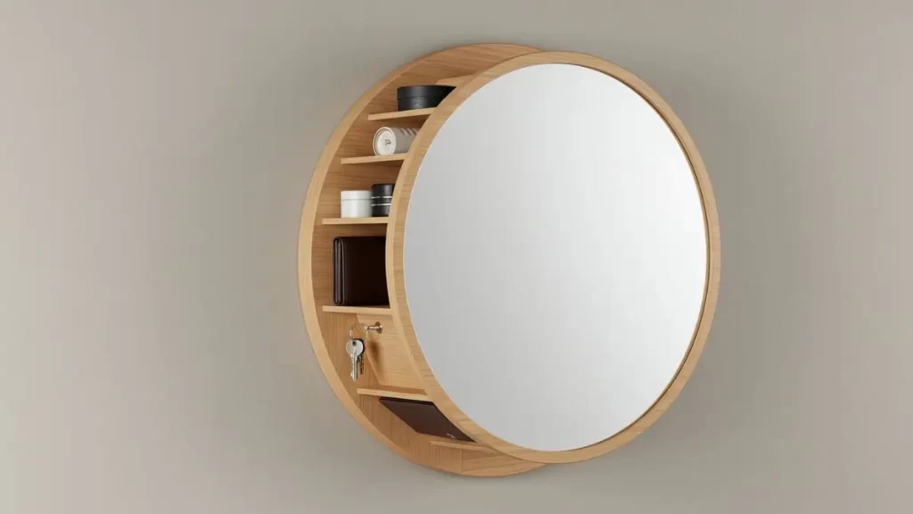 Parede com espelhos com armazenamento interno em ambiente moderno